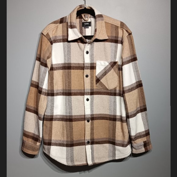Pull & Bear Beige & White Cotton & Wool Plaid Button Overshirt Jacket (Men's L) - Picture 1 of 6
